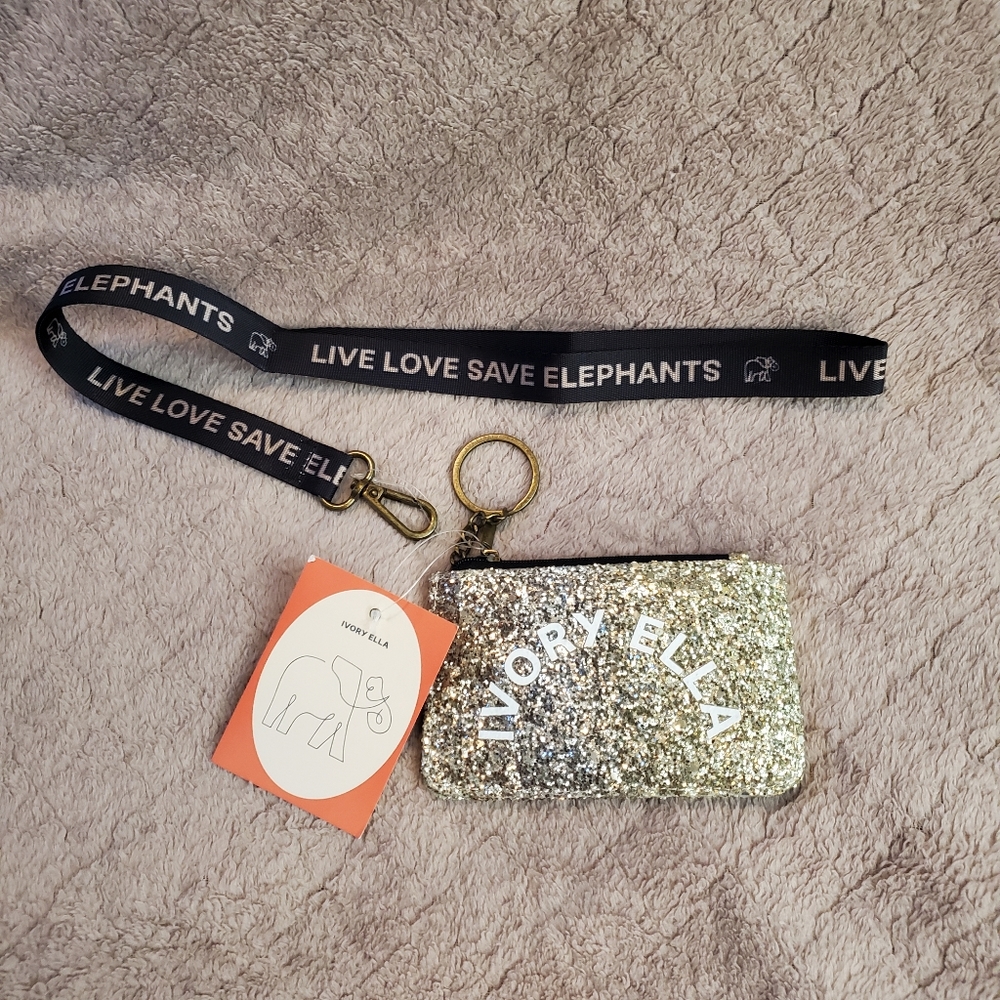 NWT Ivory Ella Lanyard ID Case Glitter Ombré Silver Gold Bronze Credit Card Zip